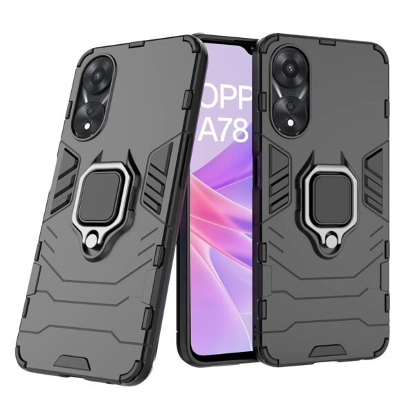 Plastic Oppo A78 (5G) Defender Case | Rotating Ring Holder & Kickstand In-Built | Military Grade Armor | Bumper Back Cover