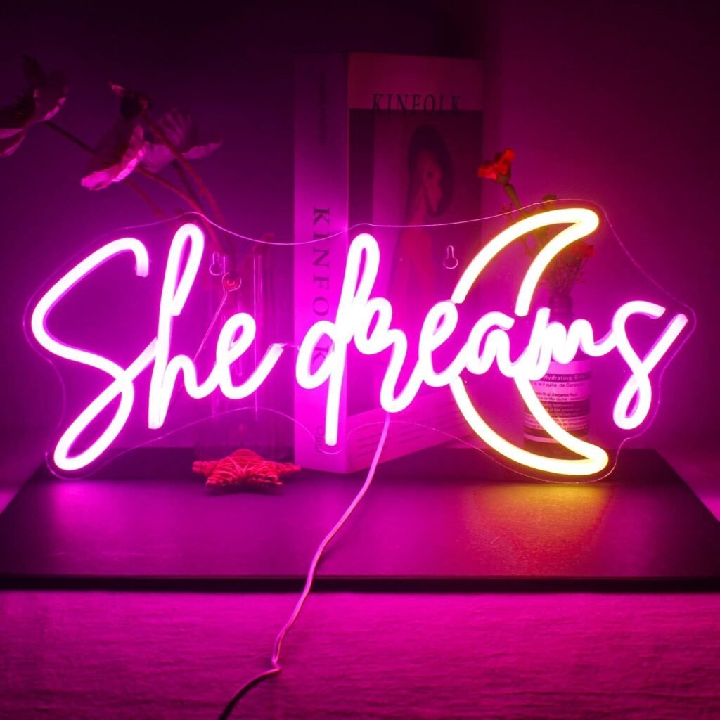 OMI She Dreams Neon Sign Led Pink Yellow Moon Neon Lights For Wall Decor Word Acrylic Light Up Signs For Bedroom