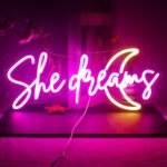 OMI She Dreams Neon Sign Led Pink Yellow Moon Neon Lights For Wall Decor Word Acrylic Light Up Signs For Bedroom