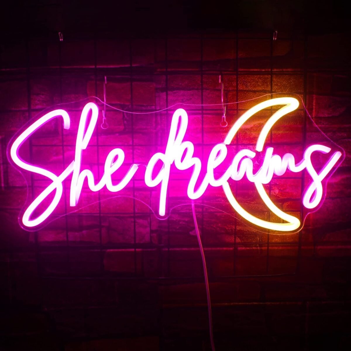 OMI She Dreams Neon Sign Led Pink Yellow Moon Neon Lights For Wall Decor Word Acrylic Light Up Signs For Bedroom