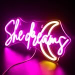 OMI She Dreams Neon Sign Led Pink Yellow Moon Neon Lights For Wall Decor Word Acrylic Light Up Signs For Bedroom