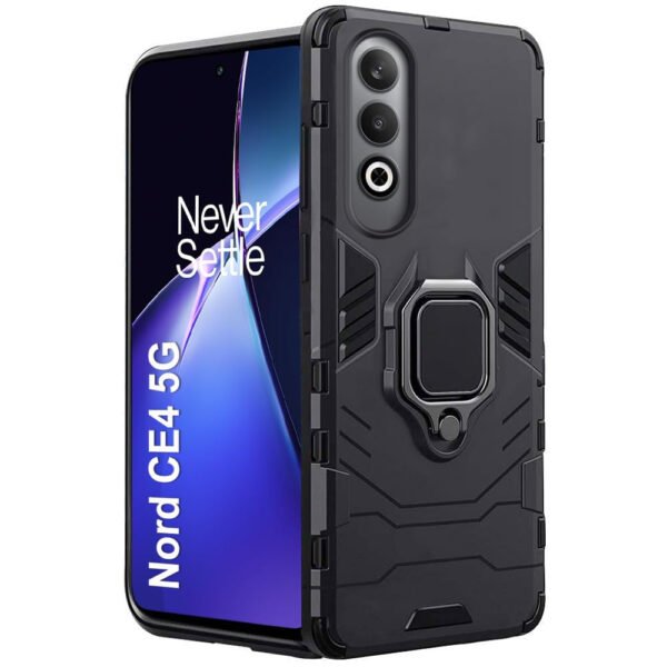 Armor Bumper Back Case Cover for OnePlus Nord CE 4 5G | Ring Holder & Kickstand in-Built | 360 Degree Protection Back Case Cover | (PC & TPU, Black)