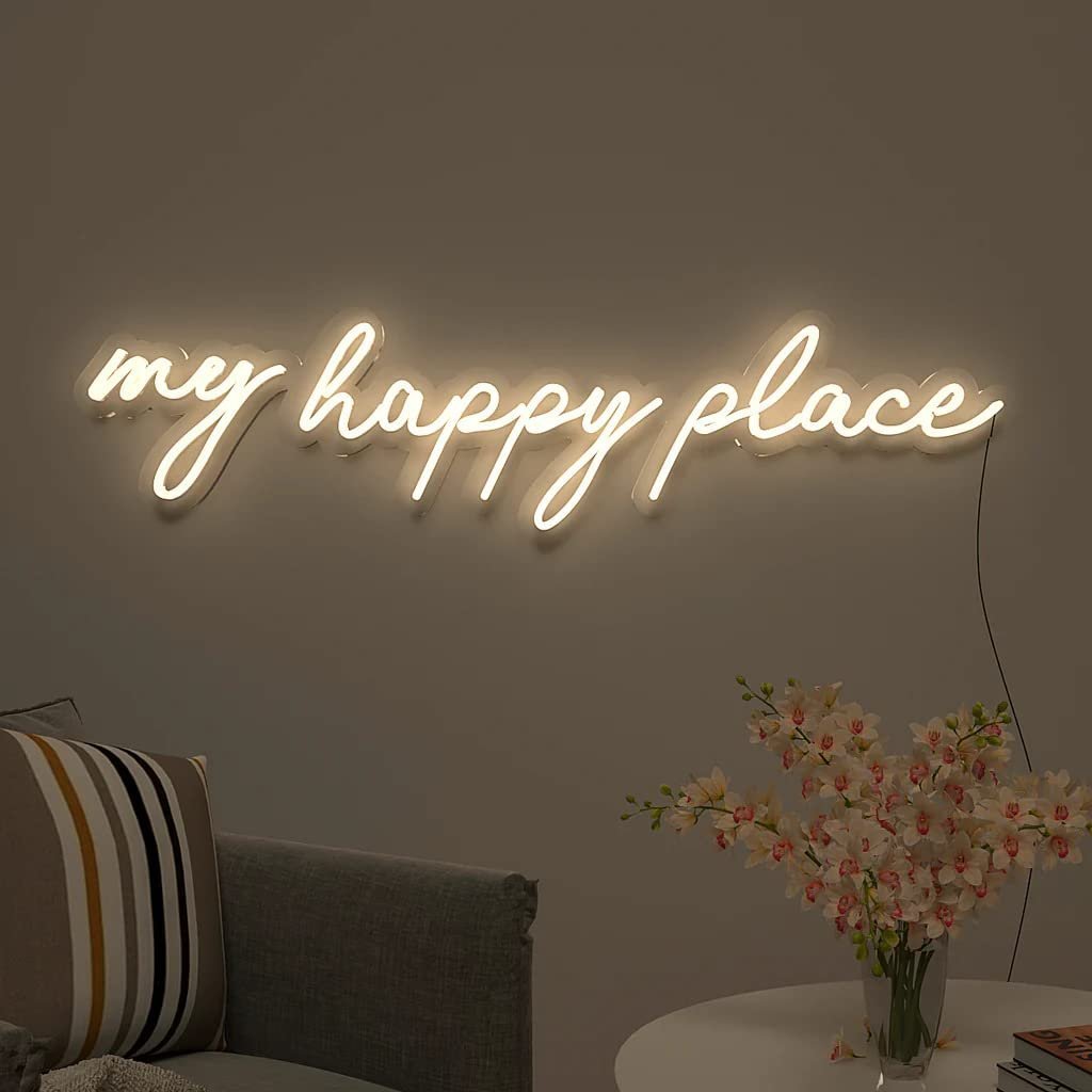 OMI Neon Signs Light For Wall Home Decor My Happy Place Neon Sign Board For Bedroom Home Living Room Decoration Cafe Bar Restaurant Birthday Gifts (Warm White)