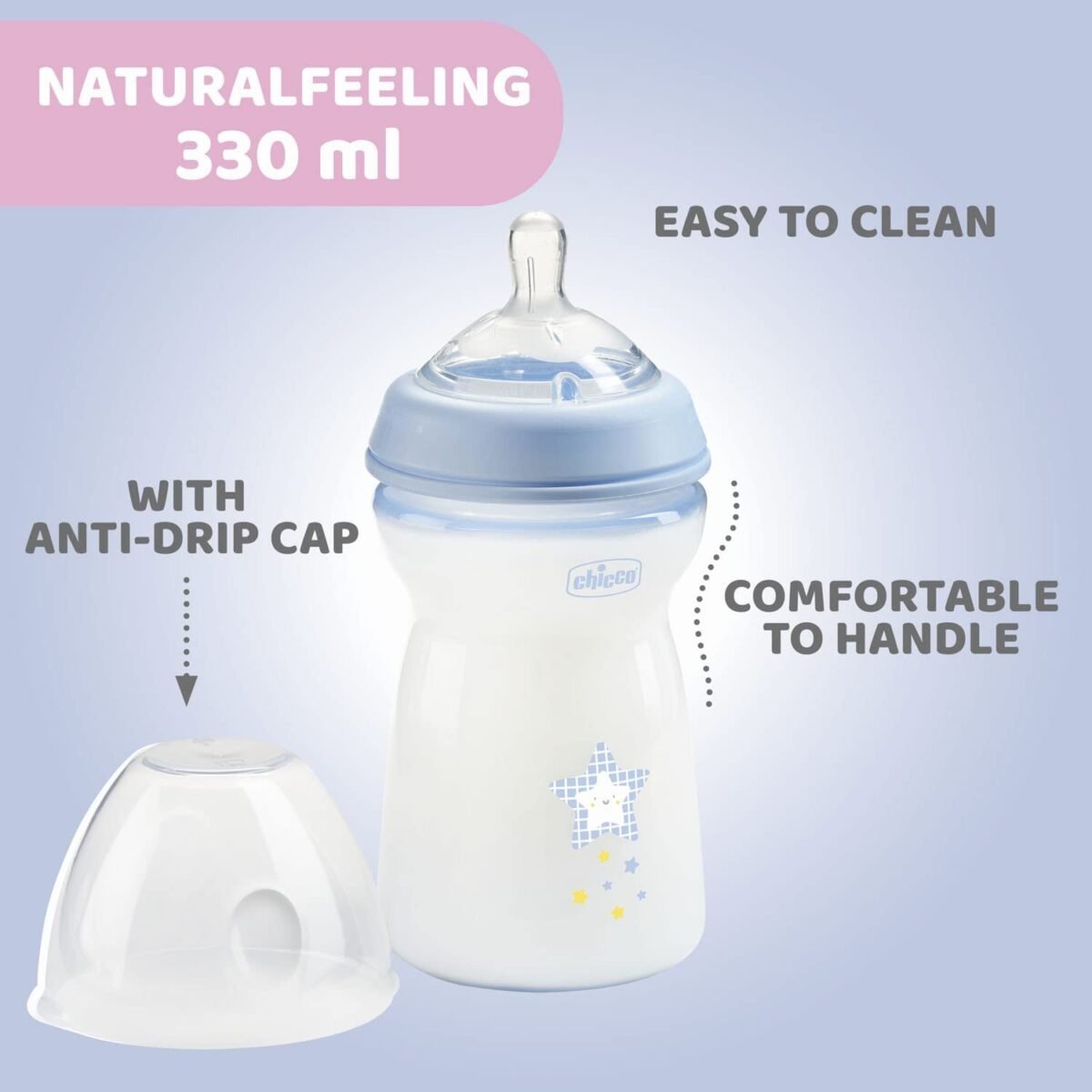 Chicco Natural Feeling 330ml Baby Milk Feeding Bottle with Wide Neck, Anti-Colic for Easy Milk Flow, for Babies & Toddlers 6m+