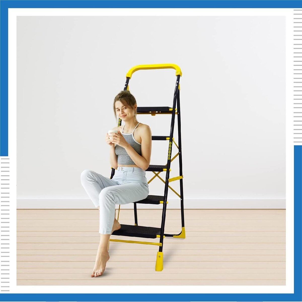 KRY The Next Trend 5 Step Heavy Duty Alloy Steel Foldable Step Ladder with Anti Skid Shoes and Extra Strong Wide Steps (YellowKRY