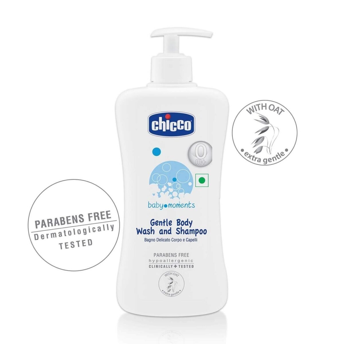 Chicco Baby Moments Gentle Body Wash and Shampoo for Soft Skin and Hair, Dermatologically tested, Paraben free (500 ml)