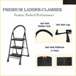 Happer Premium Foldable Step Ladder, Clamber, 3 Steps (Black & Orange)