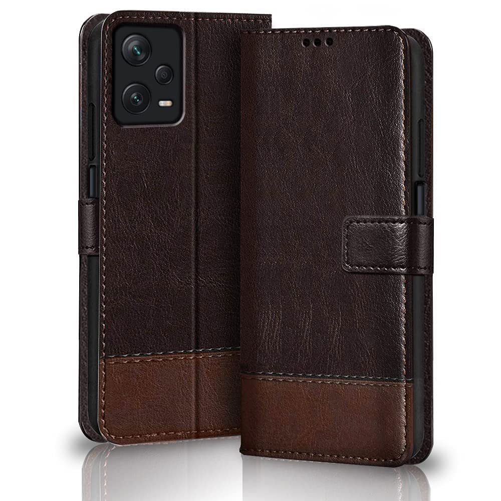 Back Cover Case for Mi Redmi Note 12 PRO 5G | Dual-Color Leather Finish | Inbuilt Stand & Pockets | Wallet Style Flip Back Case Cover (Brown & Coffee)