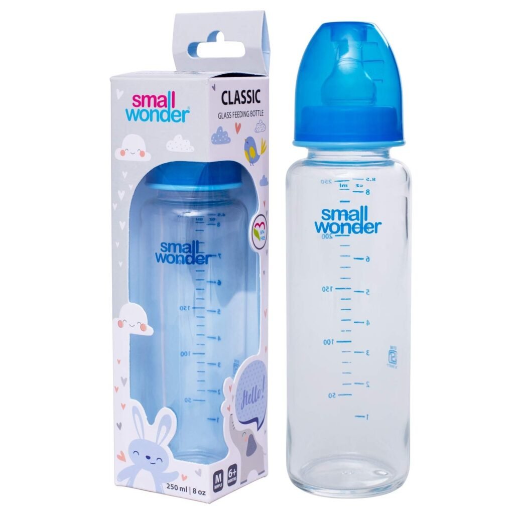 Small Wonder Baby Feeding Borosilicate Glass Bottle (Pack of 1), 250 ML, Blue