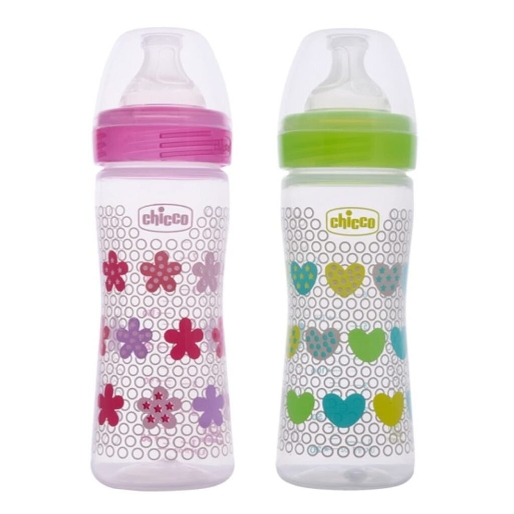 Chicco Well-Being Bipack 250 ml Feeding Bottle, Advanced Anti-Colic System, BPA Free, Hygienic Silicone Teat (Pink & Green)