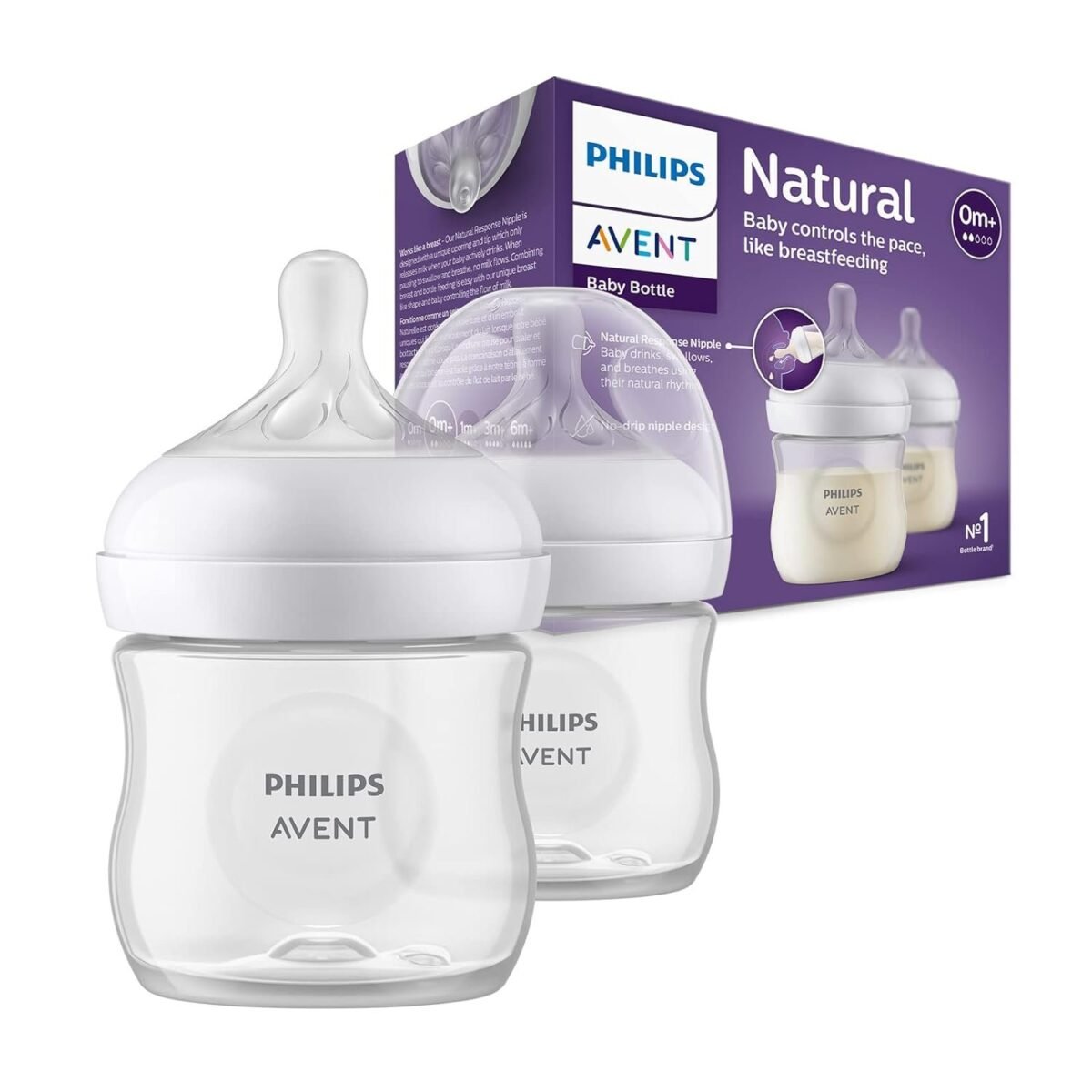 Philips Avent Natural Response Baby Feeding Bottle - 2 x 125ml Baby Milk Bottle for Newborns and Up, BPA Free, 0+ Months (Model