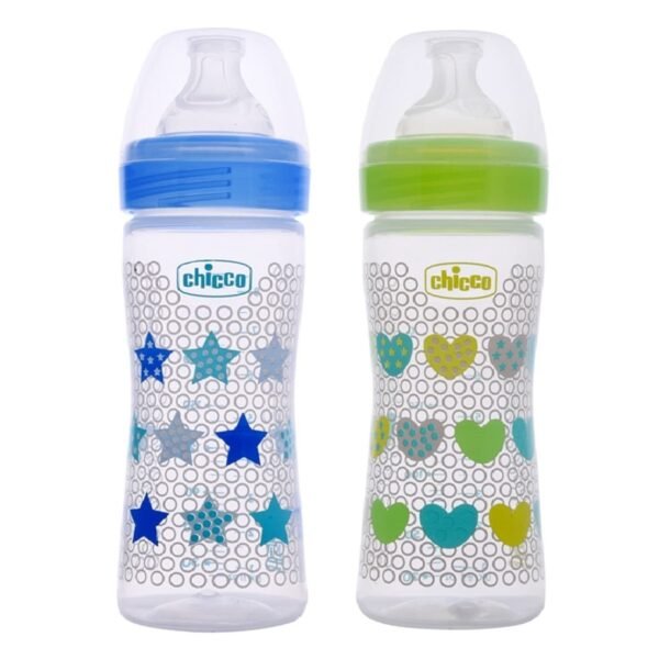 Chicco Well-Being Bipack 250 ml Feeding Bottle, Advanced Anti-Colic System, BPA Free, Hygienic Silicone Teat (Blue & Green)