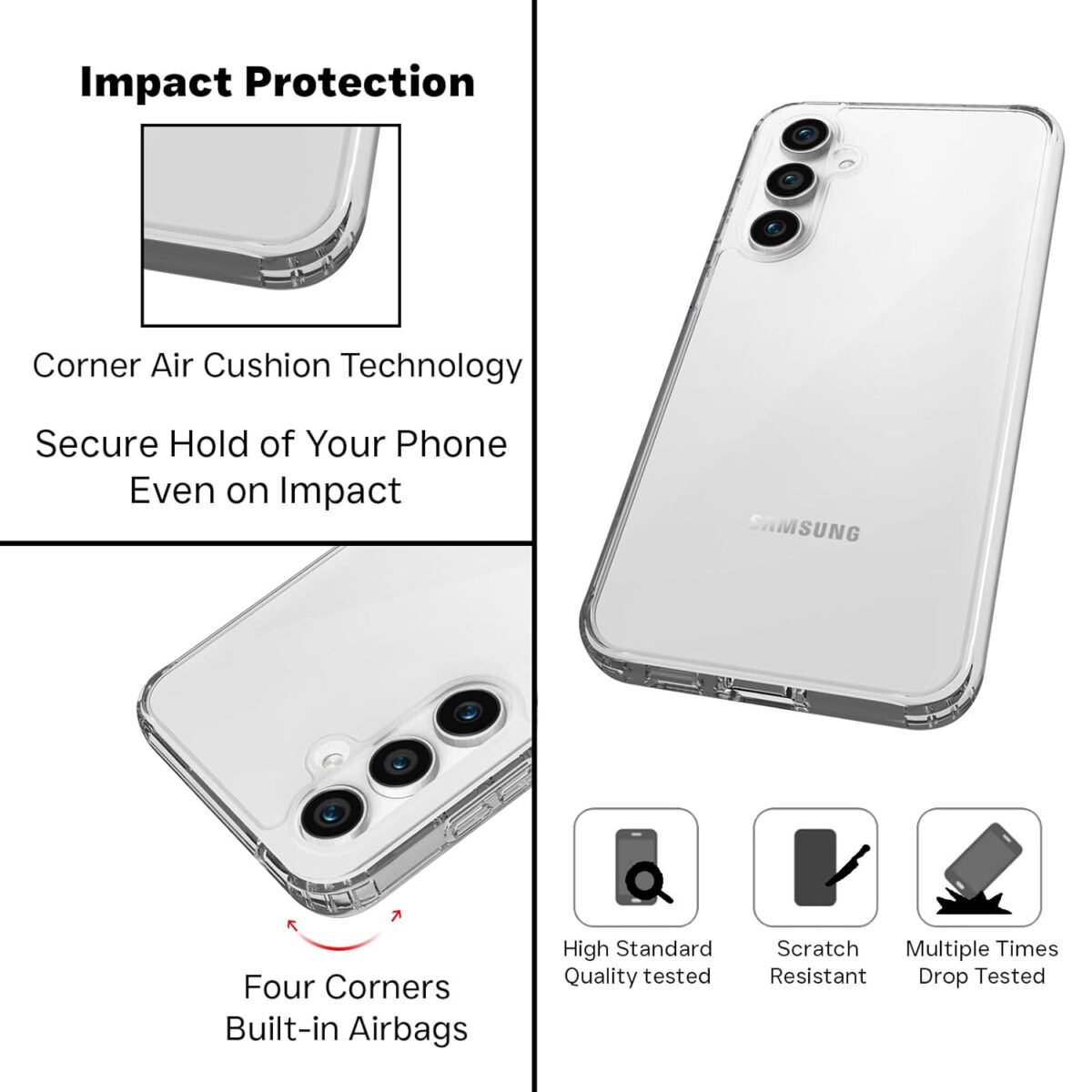 Samsung Galaxy S23 FE 5G Back Cover Case with Drop Protection Corner Airbag (Clear PC + Black TPU Bumper)