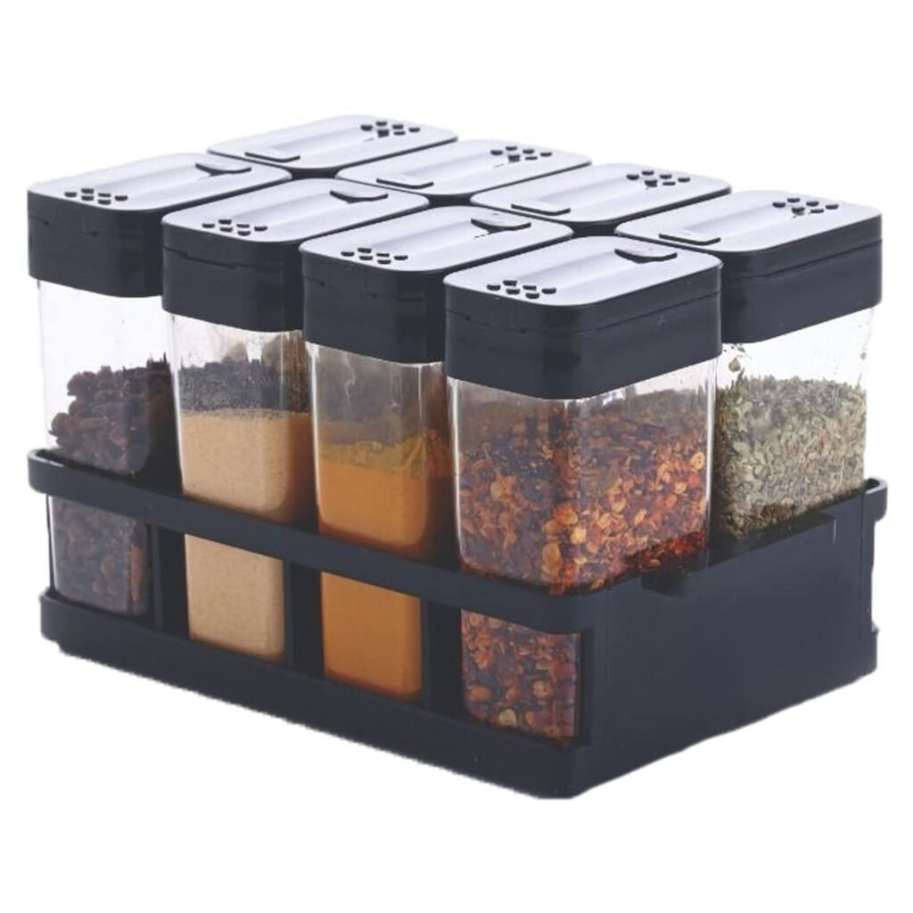 BLACK Kitchen 8 Pcs Sets Airtight Rasoi Box Spice Storage Jar Masala Box Spice Container Idle for, Easy Flow Spice