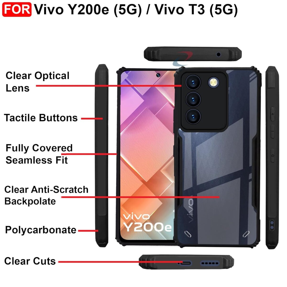 Vivo Y200e (5G) / Vivo T3 (5G) Cover | Camera Protection Shockproof Bumper-Edge |Transparent Eagle Back Case Cover (Black)