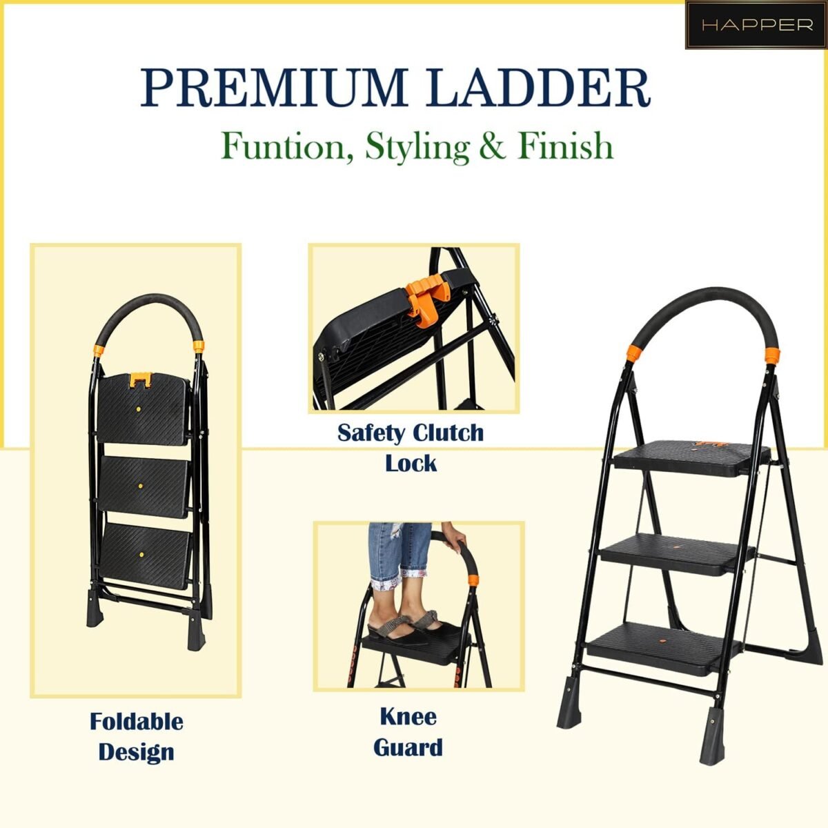 Happer Premium Foldable Step Ladder, Clamber, 3 Steps (Black & Orange)