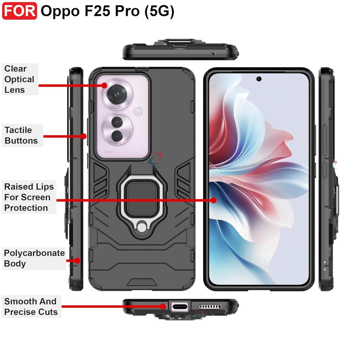 Oppo F25 Pro (5G) Kickstand Case | Built-in Stand Rotating Ring Holder | Military Grade Armor Bumper Back Cover (Black)