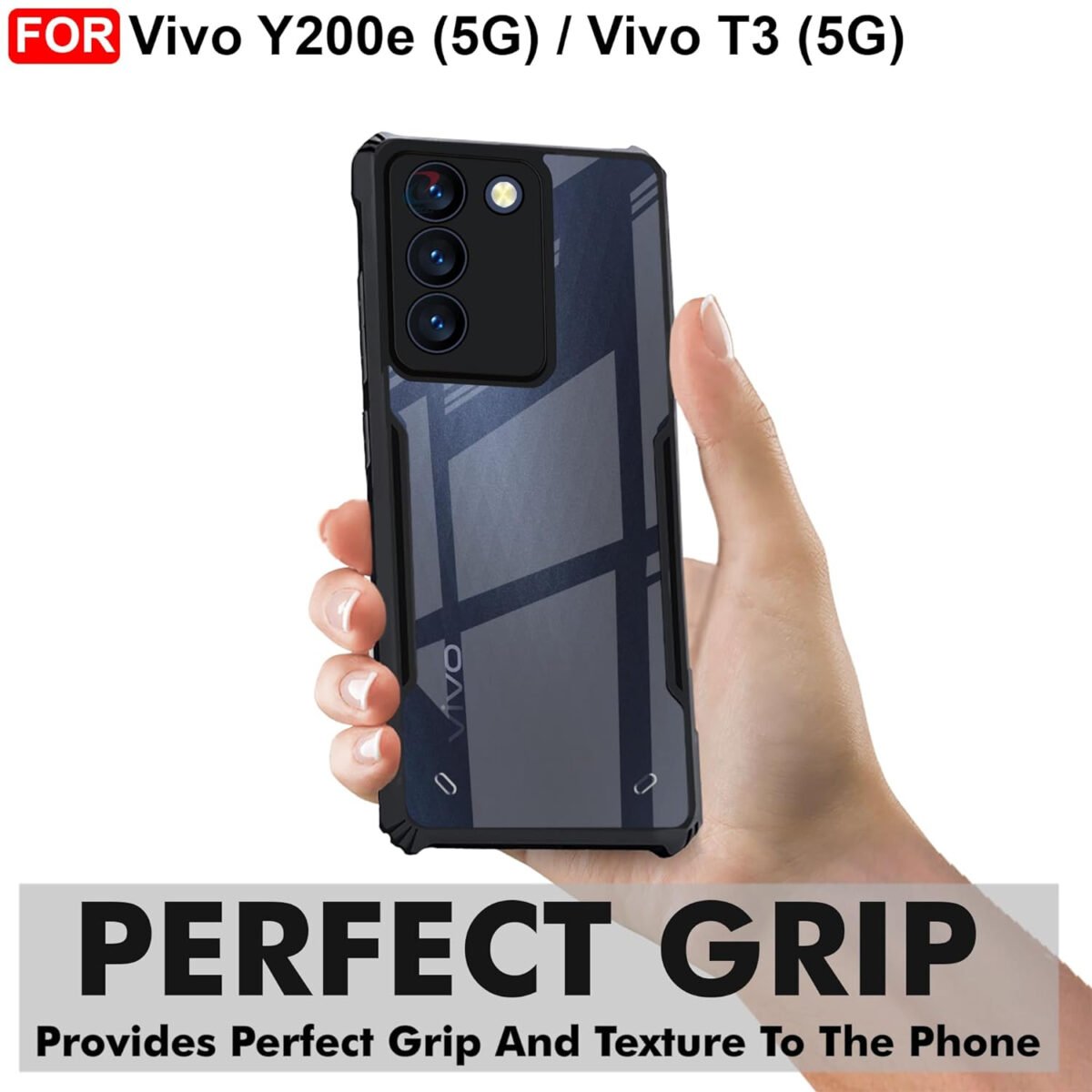 Vivo Y200e (5G) / Vivo T3 (5G) Cover | Camera Protection Shockproof Bumper-Edge |Transparent Eagle Back Case Cover (Black)