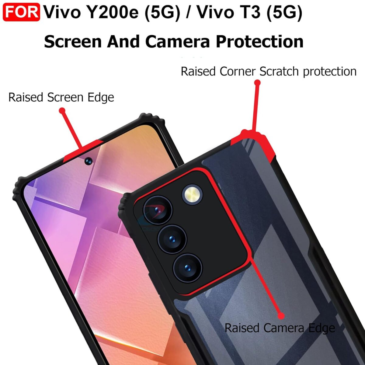 Vivo Y200e (5G) / Vivo T3 (5G) Cover | Camera Protection Shockproof Bumper-Edge |Transparent Eagle Back Case Cover (Black)