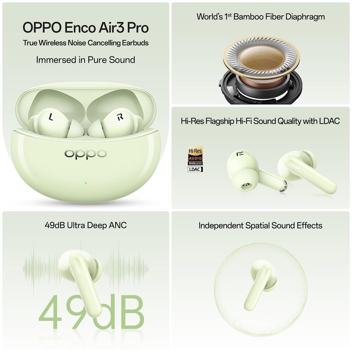 Oppo Enco Air3 Pro True Wireless in Ear Earbuds with Industry First Composite Bamboo Fiber, 49dB ANC, 30H Playtime, 47ms Ultra Low Latency,Fast Charge,BT 5.3 (Green)