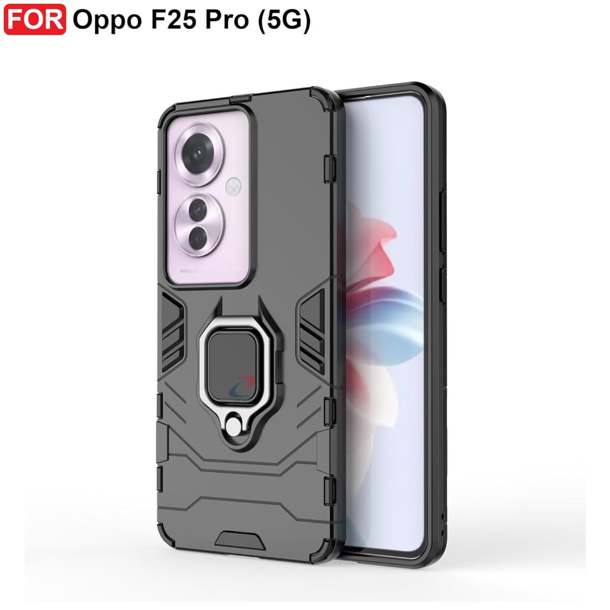 Oppo F25 Pro (5G) Kickstand Case | Built-in Stand Rotating Ring Holder | Military Grade Armor Bumper Back Cover (Black)