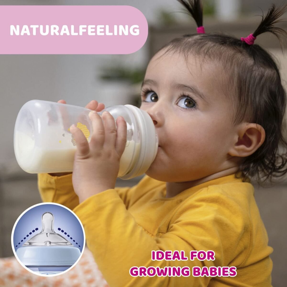 Chicco Natural Feeling 330ml Baby Milk Feeding Bottle with Wide Neck, Anti-Colic for Easy Milk Flow, for Babies & Toddlers 6m+