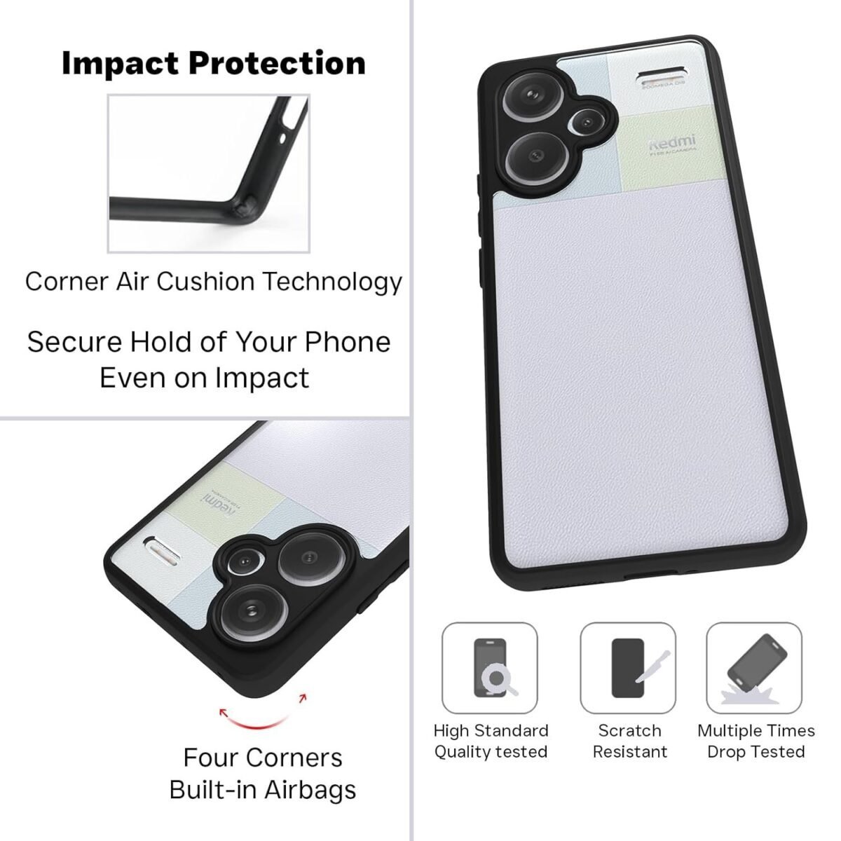 Shockproof Sleek Hybrid Armor Back Cover Case Compatible with Redmi Note 13 Pro Plus 5G (Clear PC + Black TPU Bumper)