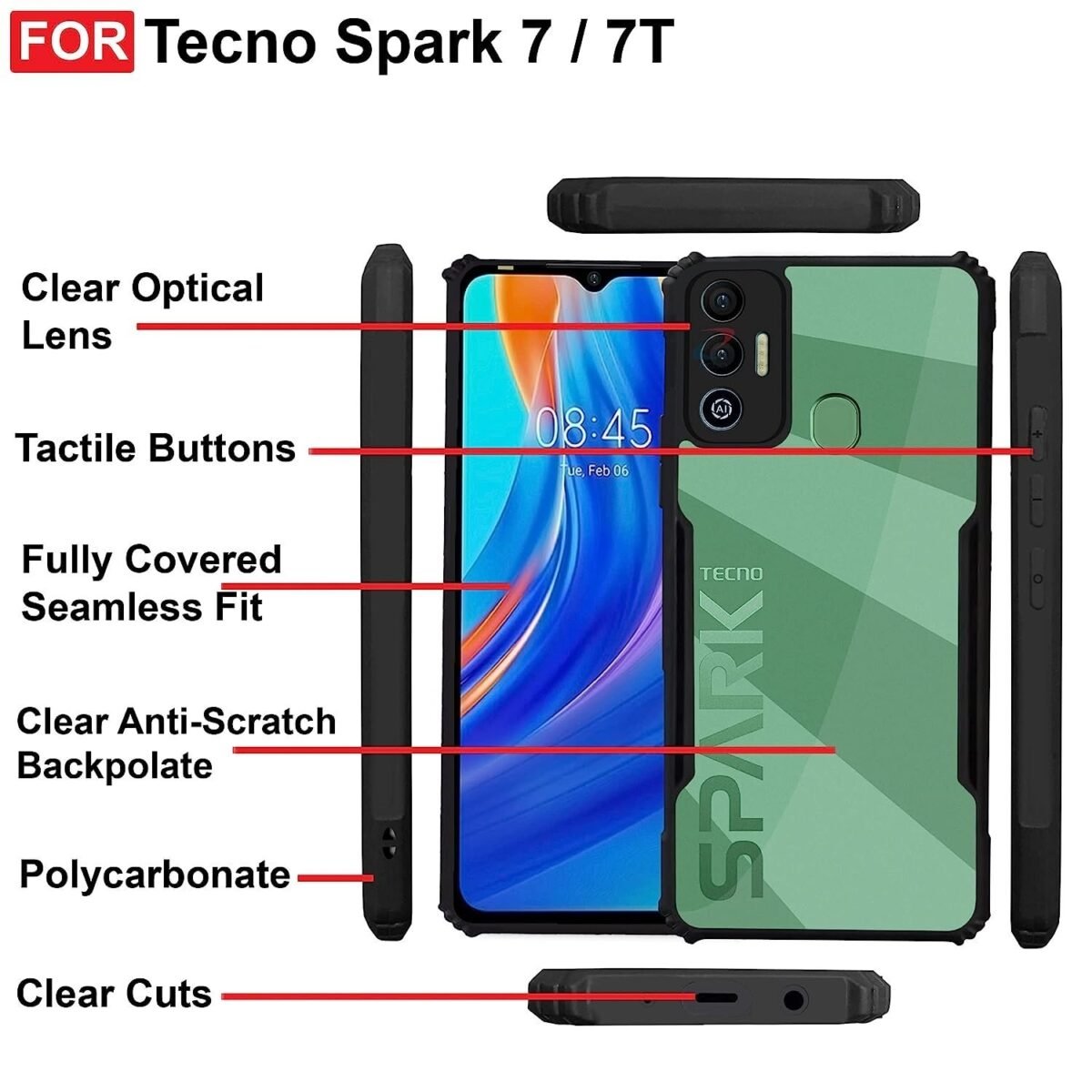 Tecno Spark 7 / 7T Case Back Cover Shockproof Bumper Crystal Clear | 360 Degree Protection TPU+PC | Camera Protection |