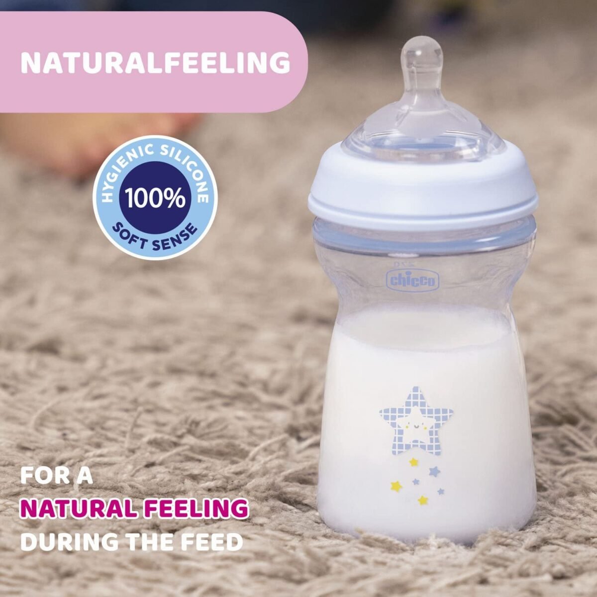 Chicco Natural Feeling 330ml Baby Milk Feeding Bottle with Wide Neck, Anti-Colic for Easy Milk Flow, for Babies & Toddlers 6m+