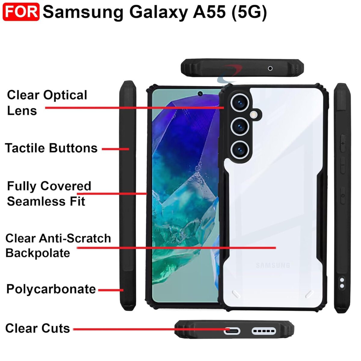 Samsung Galaxy A55 (5G) Cover | Camera Protection Shockproof Bumper-Edge | Transparent Eagle Back Case Cover (Black)