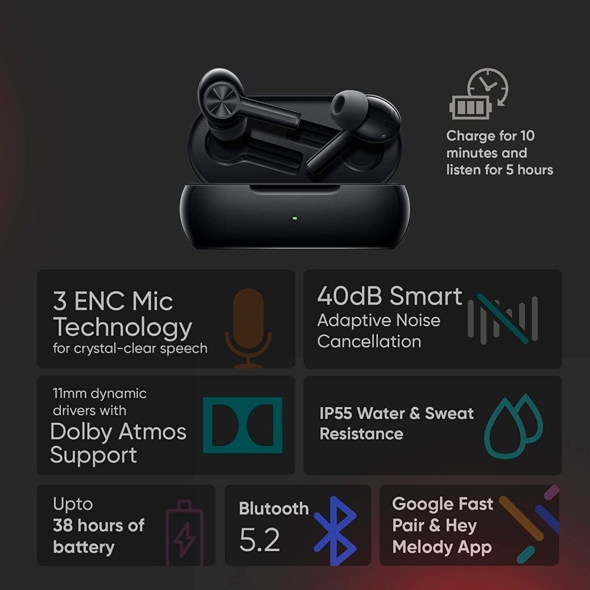 OnePlus Buds Z2 Bluetooth Truly Wireless in Ear Earbuds with mic, Active Noise Cancellation, 10 Minutes Flash Charge & Up to 38 Hours Power Backup (Black)