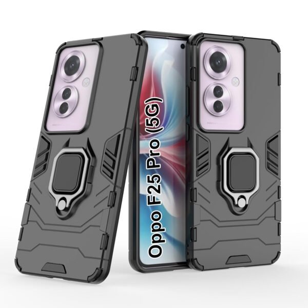 Oppo F25 Pro (5G) Kickstand Case | Built-in Stand Rotating Ring Holder | Military Grade Armor Bumper Back Cover (Black)