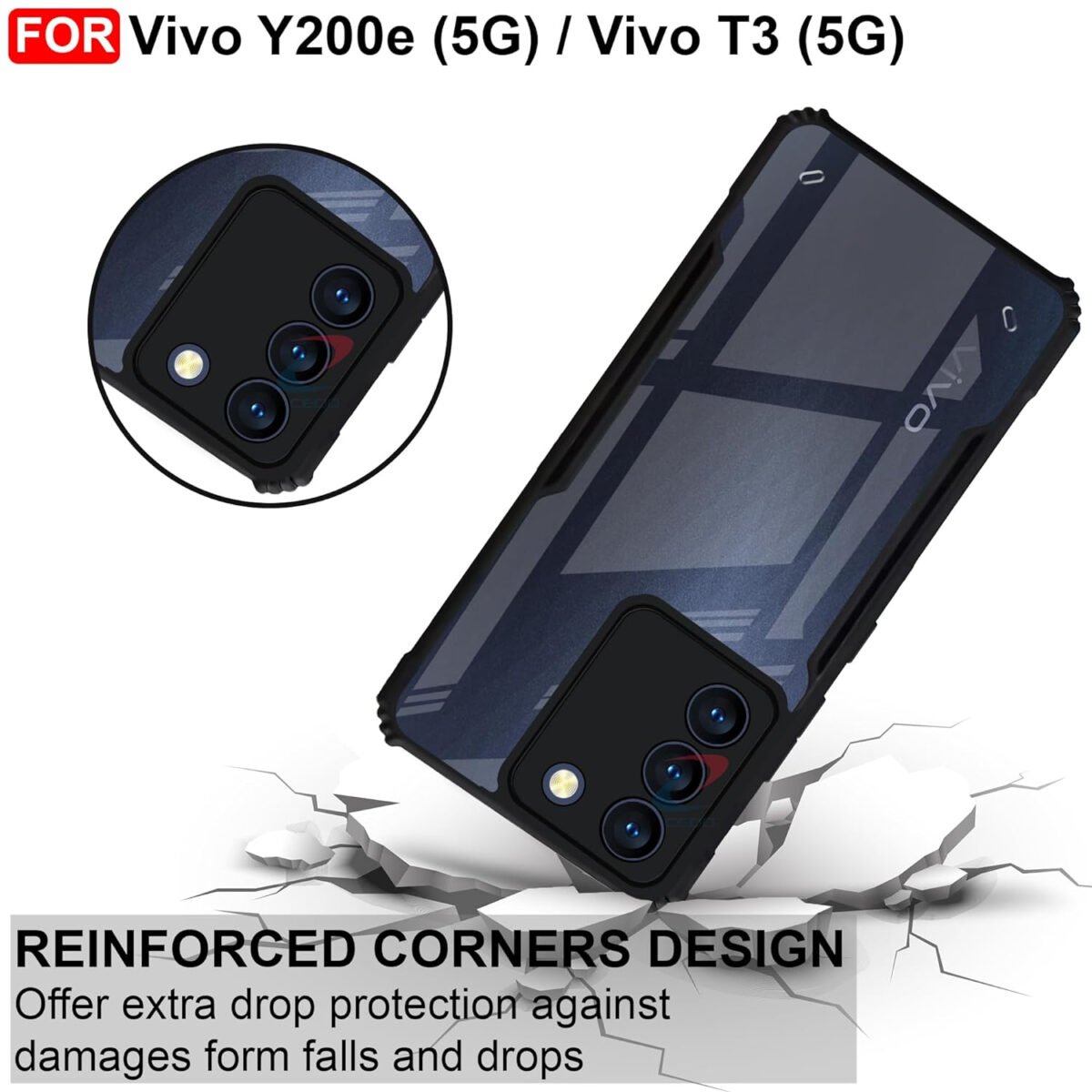 Vivo Y200e (5G) / Vivo T3 (5G) Cover | Camera Protection Shockproof Bumper-Edge |Transparent Eagle Back Case Cover (Black)