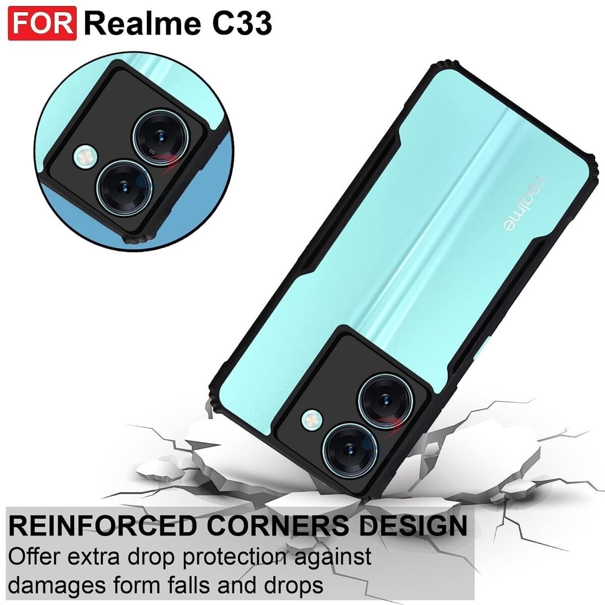 Realme C33 (4G) Back Case Cover | Camera Protection Shockproof Bumper-Edge | Transparent Eagle Back Case Cover (Black) Eagle