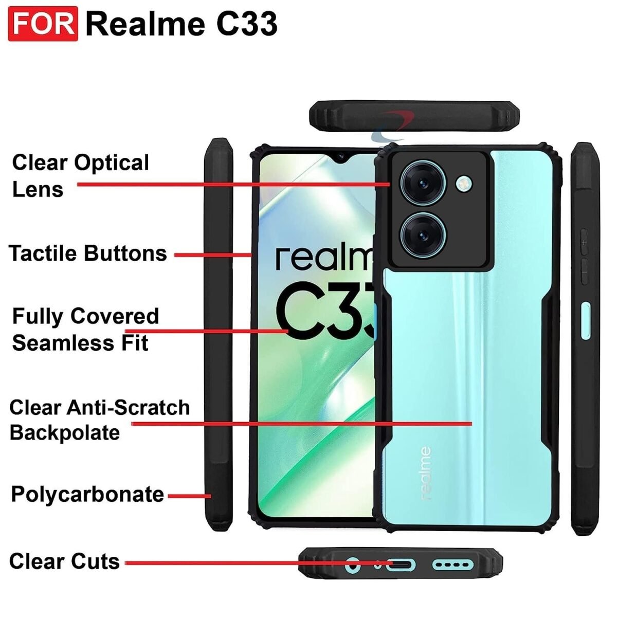 Realme C33 (4G) Back Case Cover | Camera Protection Shockproof Bumper-Edge | Transparent Eagle Back Case Cover (Black) Eagle