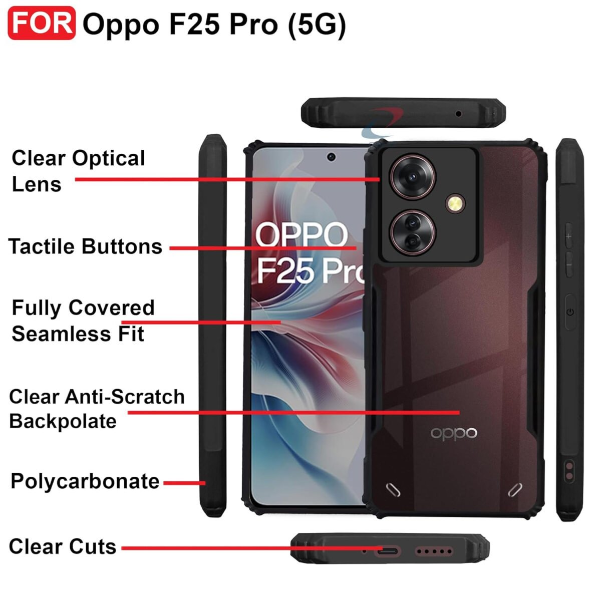 Oppo F25 Pro (5G) Cover | Camera Protection Shockproof Bumper-Edge | Acrylic Crystal Clear 360 Degree Protection TPU+PC | Transparent