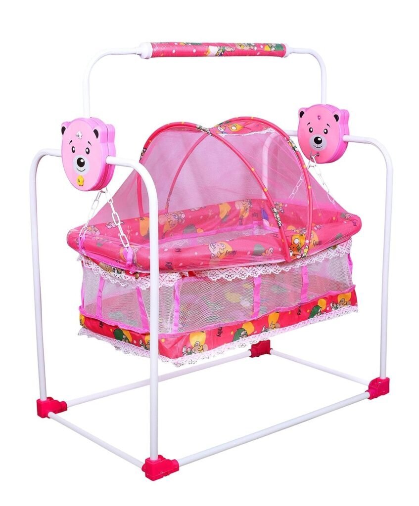 BabyLuv New Born Baby Sleep Swing Cradle/Jhula/Palna/Bed/ Bedding With Mosquito Net For 0-12 Months Baby Boys And Girls (Pink) -