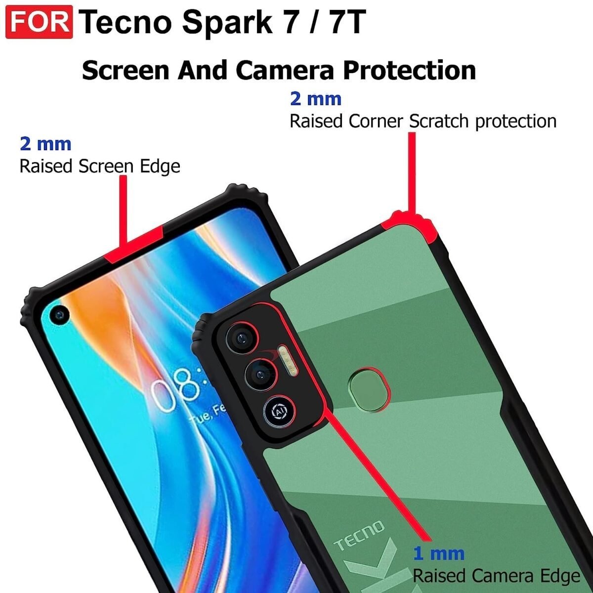 Tecno Spark 7 / 7T Case Back Cover Shockproof Bumper Crystal Clear | 360 Degree Protection TPU+PC | Camera Protection |