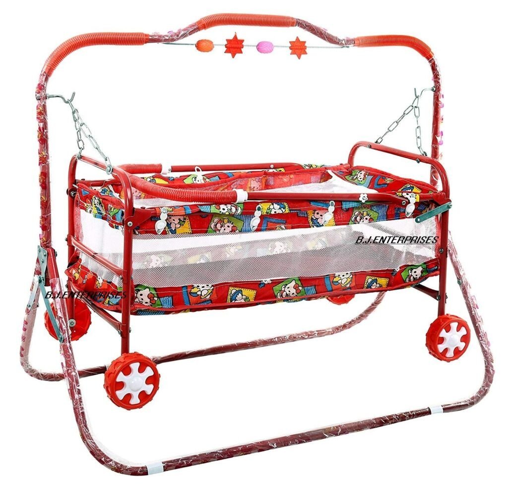 BabyLuv Cute Baby Bassinet in Baby cots Cradle Cum Stroller Cribs red (palna) Baby Cradle Cot Cum Stroller (Red)