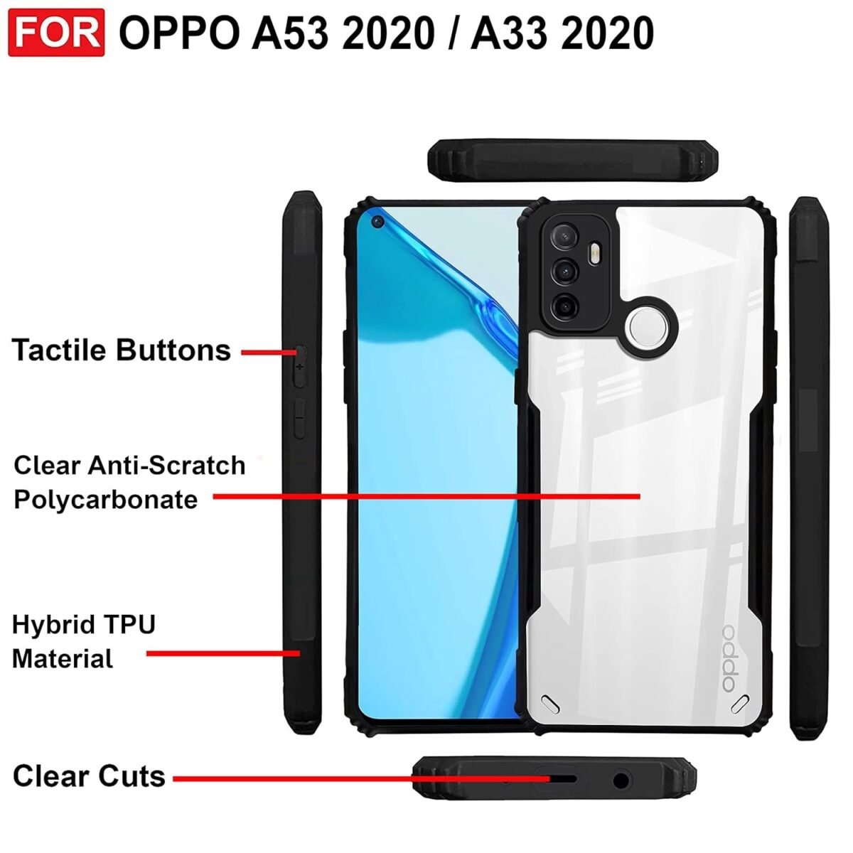 Clear Back Cover Case for Oppo A53 / Oppo A33 Hybrid Transparent Shockproof Armor - Black