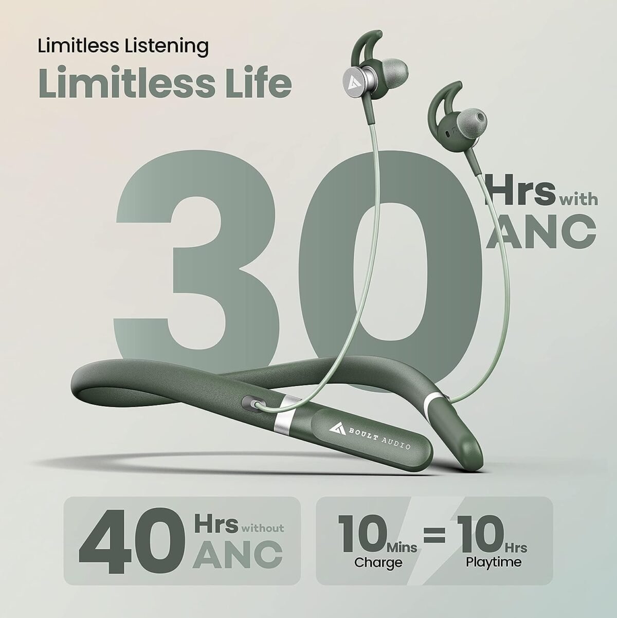 Boult Audio Curve ANC Wireless in Ear Wireless Earphones with 25dB Active Noise Cancellation, ENC Mic, 30H Playtime, 60ms Low Latency Mode, Dual Pairing, Type-C Fast Charging (10mins=10Hrs) (Green)