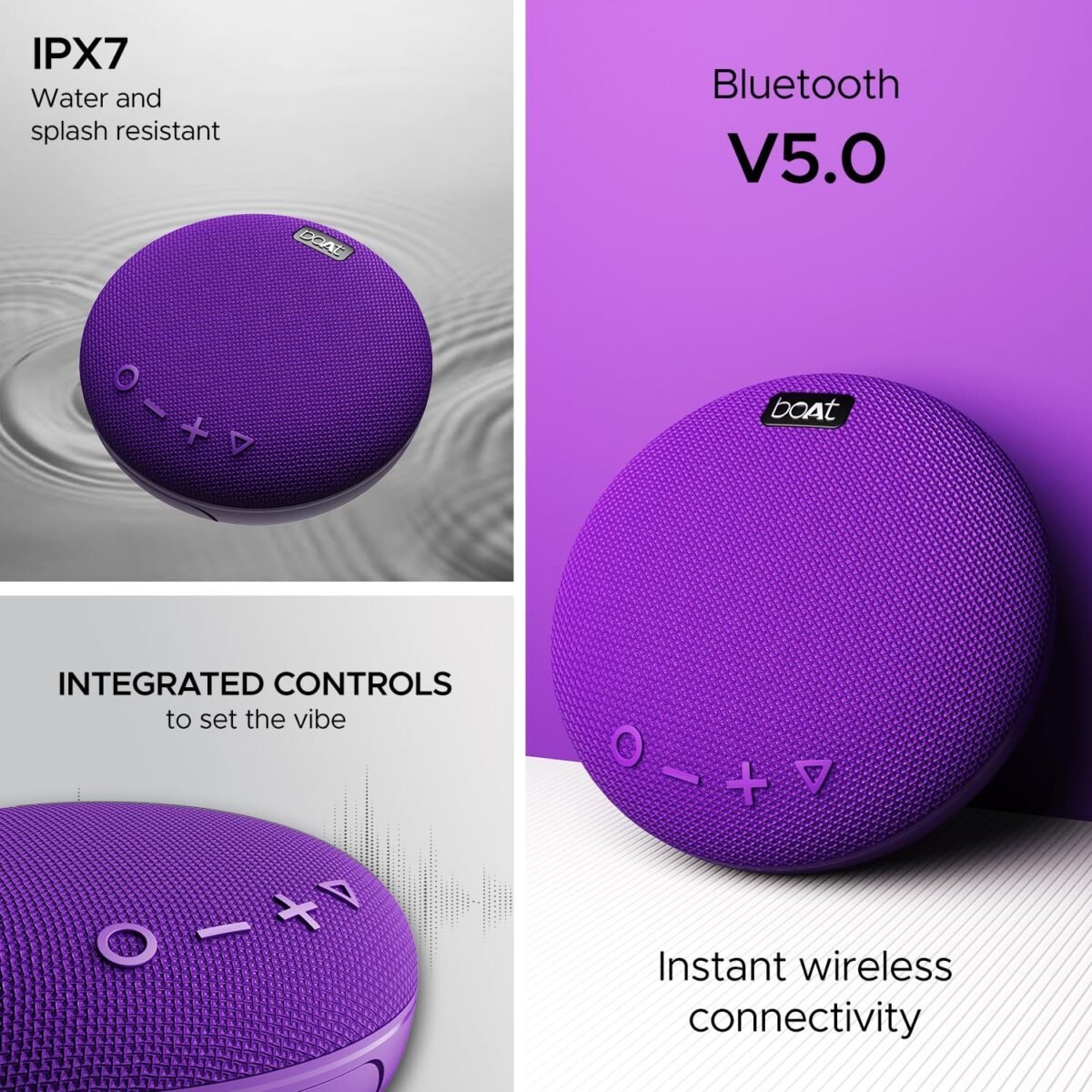 boAt Stone 190, Wireless Portable Speaker with 52mm Dynamic Driver, Up to 4hrs Nonstop Playback, IPX 6 Water Resistant (Purple)