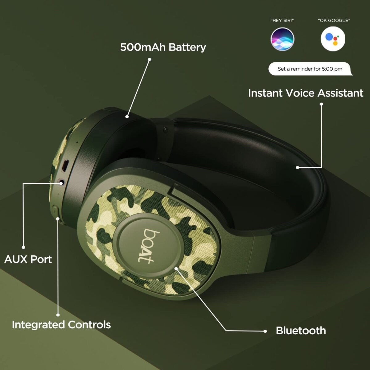 boAt Rockerz 550 Over Ear Bluetooth Headphones with Upto 20 Hours Playback, 50MM Drivers, Soft Padded Ear Cushions (Army Green)