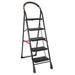 Strong Heavy Duty 5 Step Fold-able Durable Metal Iron Wide Ladder for Home Anti Non Skid Indoor Outdoor Use | (5 Steps, Black)