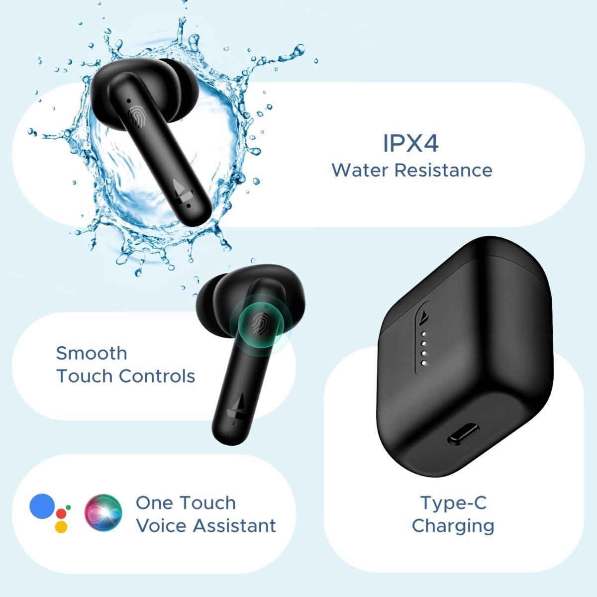 boAt Airdopes 148 Bluetooth Truly Wireless in-Ear Earbuds w/ 42H Playtime,Low Latency Mode for Gaming, Smooth Touch Controls(Bold Black)