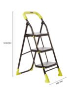 Dynamo - Foldable Step Ladder, Safety Clutch Lock, Anti Slip Steps, Knee Guard, Anti skid PVC Shoes, 3 Steps (Steel, Black & Lime Green)