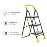 Dynamo - Foldable Step Ladder, Safety Clutch Lock, Anti Slip Steps, Knee Guard, Anti skid PVC Shoes, 3 Steps (Steel, Black & Lime Green)