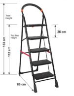 Strong Heavy Duty 5 Step Fold-able Durable Metal Iron Wide Ladder for Home Anti Non Skid Indoor Outdoor Use | (5 Steps, Black)