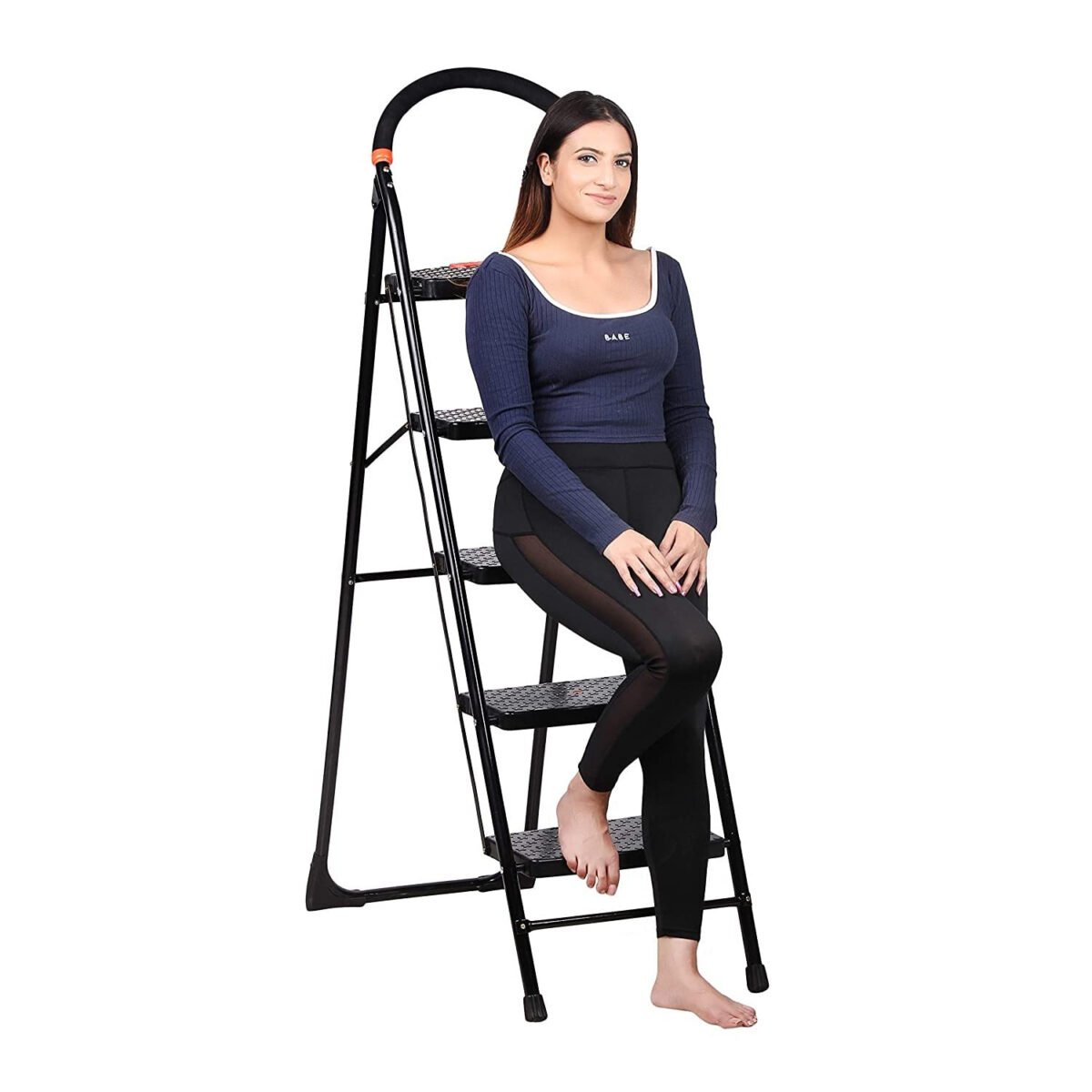 5 Steps Ladder Black Heavy Duty Folding 5.1 Ft Stepladders with Wide 5 Steps Ladder Sidhi-Black