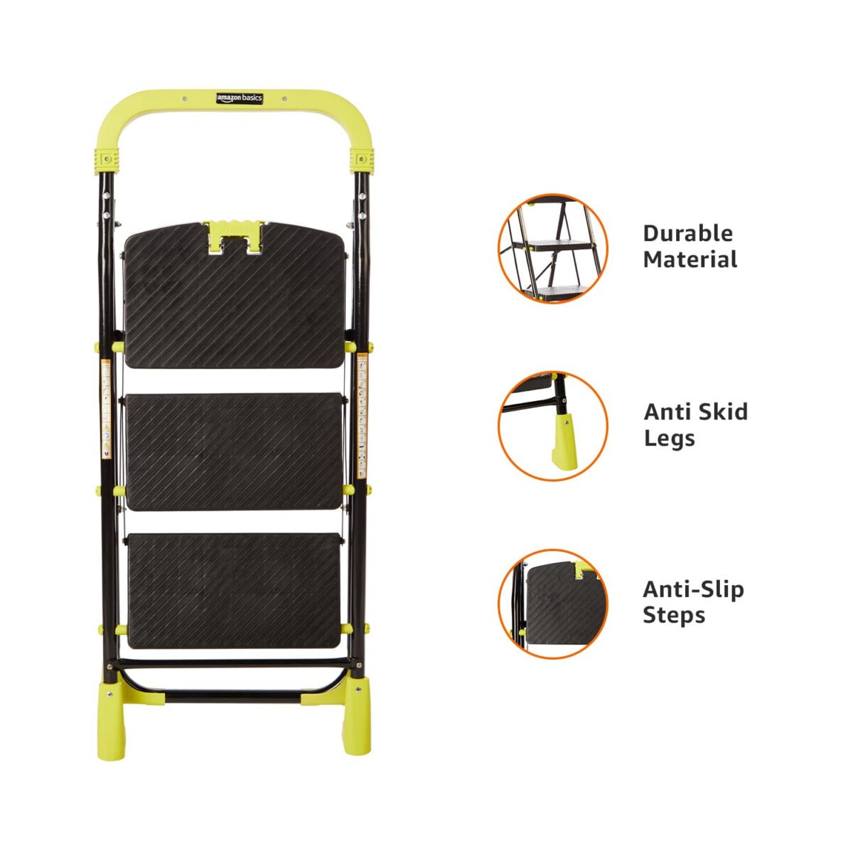 Dynamo - Foldable Step Ladder, Safety Clutch Lock, Anti Slip Steps, Knee Guard, Anti skid PVC Shoes, 3 Steps (Steel, Black & Lime Green)